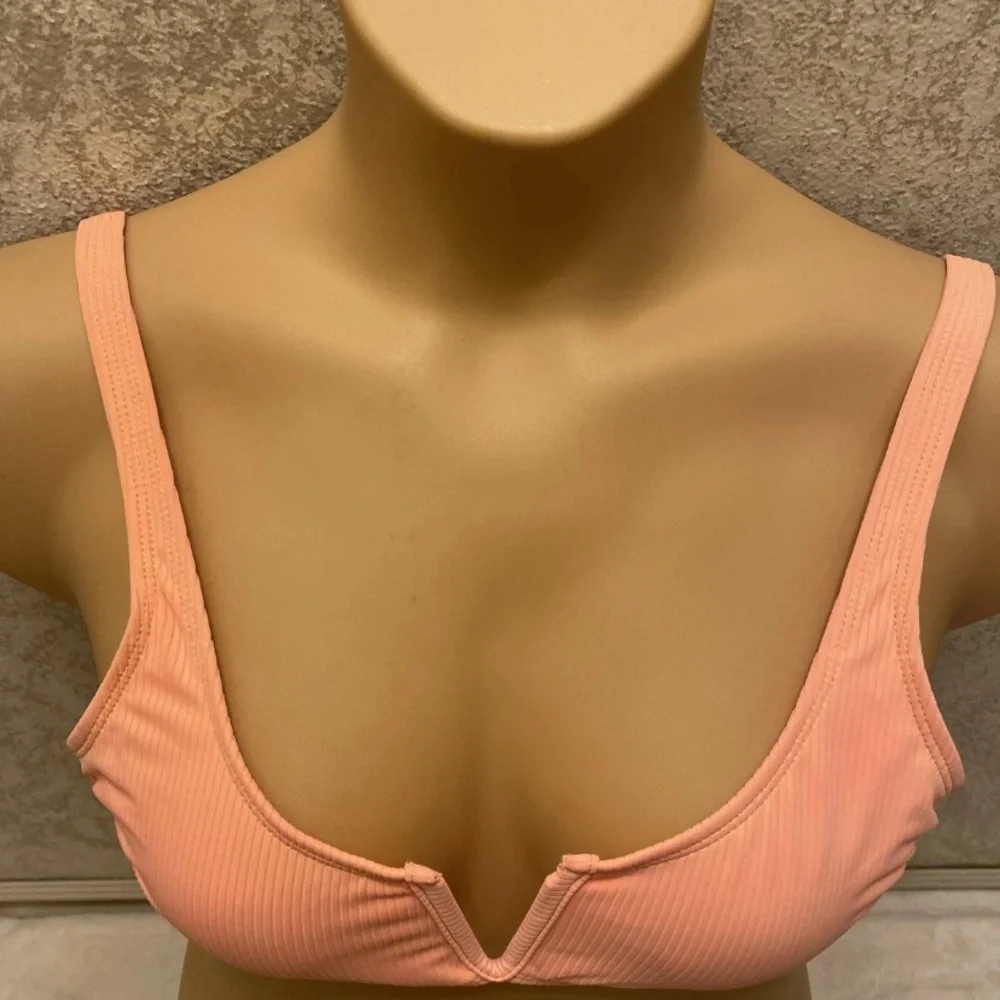 Peach Ribbed V-Center Bikini Top